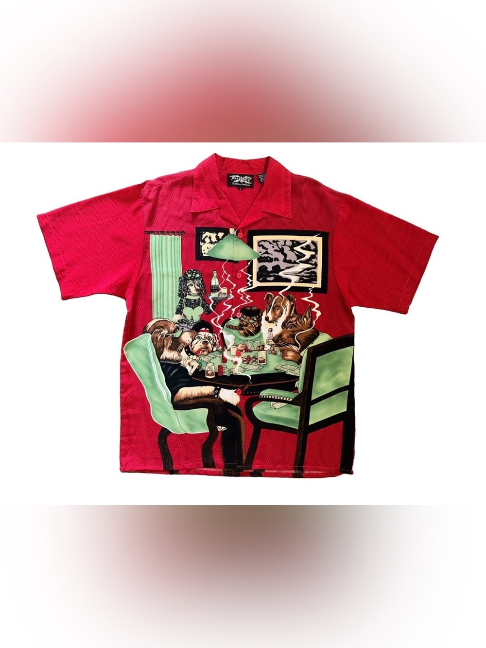 VTG Y2K  Dragonfly Clothing Camp Shirt Mens Large Red Dogs Playing Poker AOP